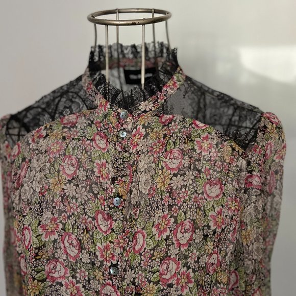 KOOPLES *gorgeous* Sheer Floral Blouse Silk Chiffon Lace Trim - Picture 12 of 14